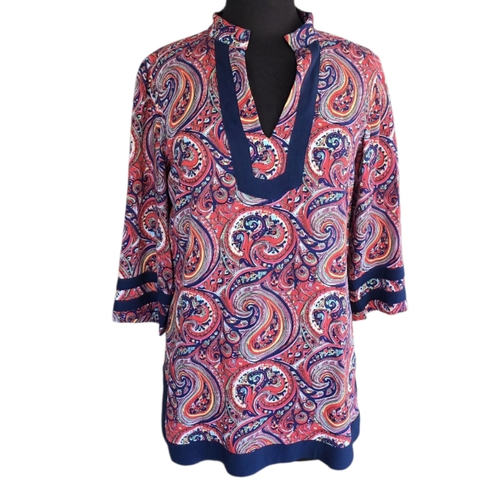 Tina Stephens Small Bohemian Blouse Paisley Print Tunic Top Coastal Chic
